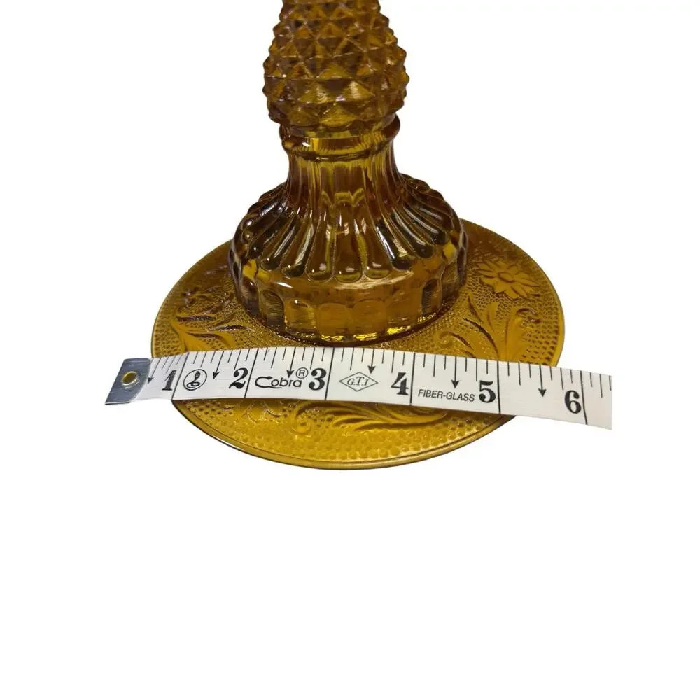 Vintage Amber‎ Pressed Glass Candlestick Holder Floral Base Glass Prism Top